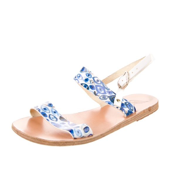 Ancient Greek Sandals Shoes - ANCIENT GREEK SANDALS Blue White Evil Eye Leather Strappy Flats Size 6 EU 36 🧿